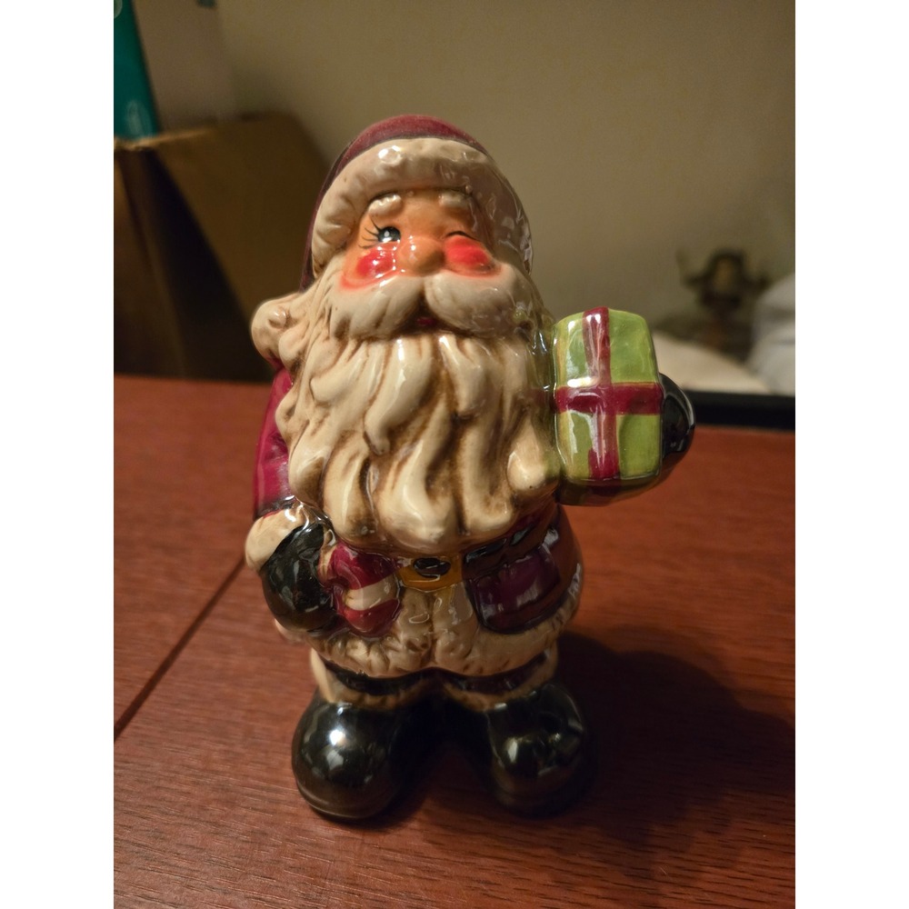 Vintage Ceramic Winking Santa Claus Figurine Holding Gift Christmas Decor Glossy